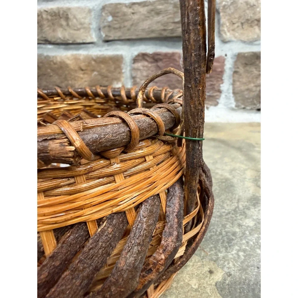 Rustic Handwoven Grapevine and Wicker Basket with‎ Natural Branch Handle Brown